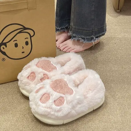 可爱猫爪棉拖鞋女冬季少女心居家室内防滑厚底毛绒保暖全包跟棉鞋图片