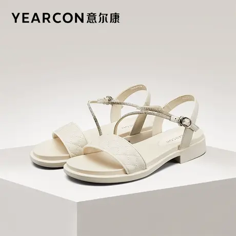 意尔康女鞋夏季法式女士粗跟休闲凉鞋外穿一字式扣带低跟配裙子图片