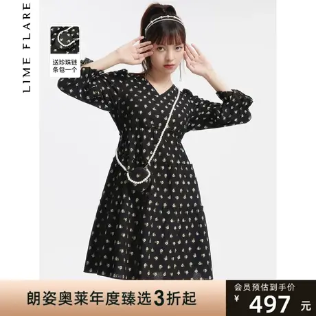 莱茵提花娃娃裙新款长袖V领收腰珍珠链条包泡泡袖连衣裙图片