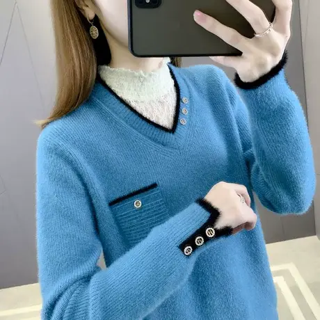 2023年新款针织衫水貂绒半高领蕾丝打底衫女长袖秋冬内搭女士毛衣图片