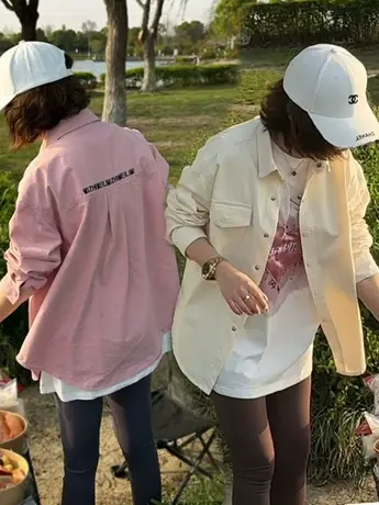 2023新款粉色爆款网红衬衫女设计感小众叠穿薄款慵懒风上衣外套潮商品大图