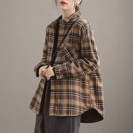 dza 文艺格子加绒衬衫女士长袖加厚休闲上衣2022新款秋季打底衬衣图片