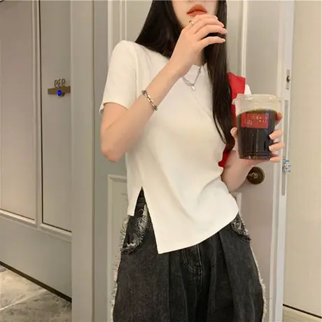 不规则设计感小众下摆开叉短款T恤夏季辣妹女装修身正肩短袖上衣图片