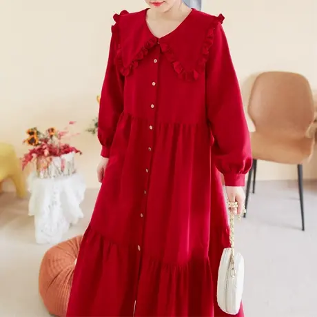 胖妹妹法式优雅花朵领红色连衣裙鱼尾裙大码宽松春季长袖宽松长裙商品大图