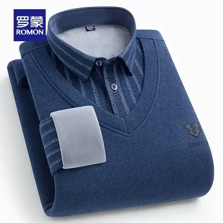 【加绒加厚+含羊毛】罗蒙条纹假两件针织衫2023秋冬新款保暖毛衣图片