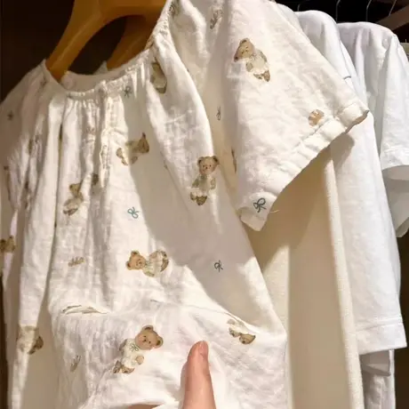 A类全棉100%纯棉婴儿双层纱布睡衣女2025夏季新款短袖家居服套装商品大图