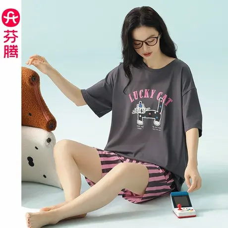 芬腾女士睡衣2025年夏季新款纯棉薄款短袖短裤休闲宽松家居服套装商品大图