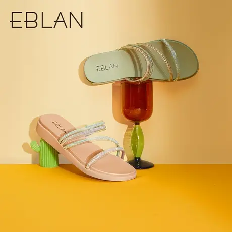 伊伴夏季女鞋闪钻一字带凉拖时装半凉休闲沙滩凉鞋平底法式小凉鞋商品大图