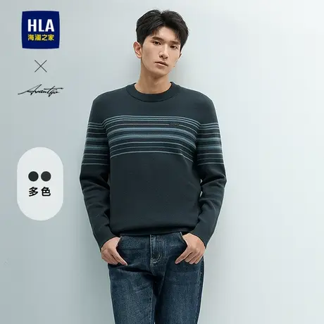 HLA/海澜之家轻商务条纹针织衫24秋冬新款印花圆领保暖厚毛衣男装图片