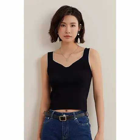 弥古黑色方领吊带背心女夏季外穿薄款宽肩带针织内搭打底短款上衣图片