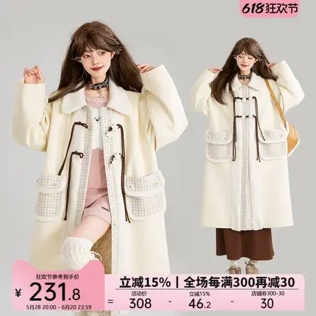 KEIKO[夹棉/保暖]花呢拼接毛呢大衣女秋冬设计感绳结扣饰呢子外套图片