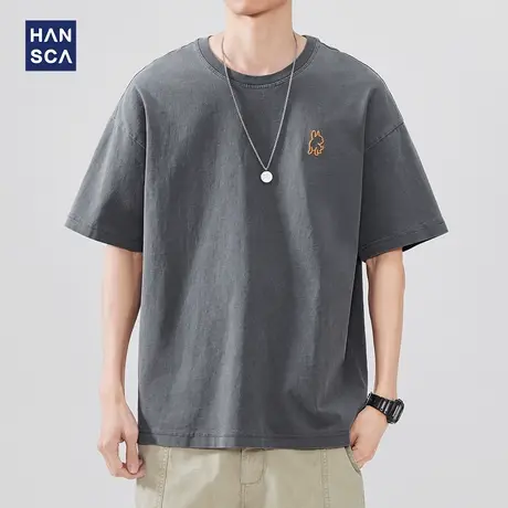 hansca 夏季重磅纯棉短袖T恤男款2025新款宽松时尚刺绣青少年上衣商品大图