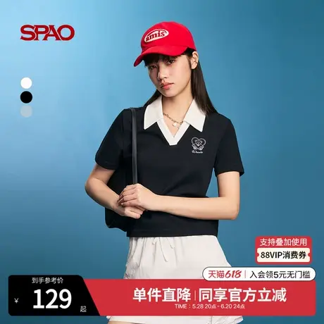 SPAO韩国同款2025年夏季新品天才少女风女士撞色V领POLO衫图片