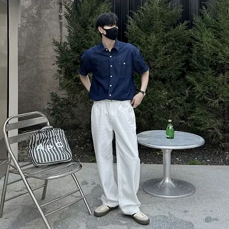 OOTD水洗全棉牛仔衬衫男半袖宽松直筒白色牛仔裤休闲风松弛感一套图片