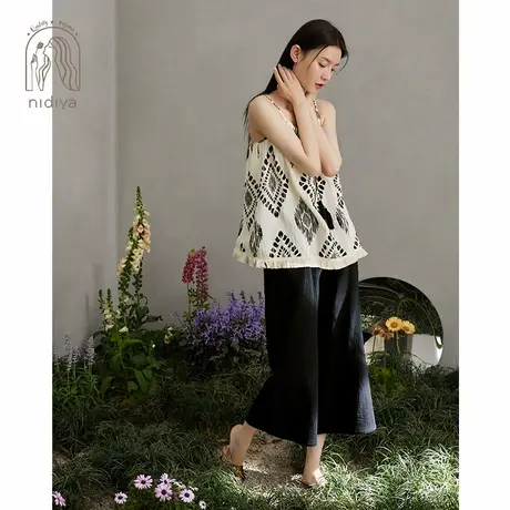 妮狄娅2024睡衣女夏季纯棉吊带款阔腿裤休闲度假可外穿家居服套装商品大图