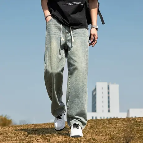 唐狮春夏新款牛仔裤水洗直筒阔腿做旧复古潮牌时尚分割线裤子男图片