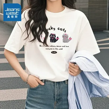 YD真维斯女装2025夏季新款女款可爱小猫印花百搭休闲女士短袖T恤商品大图