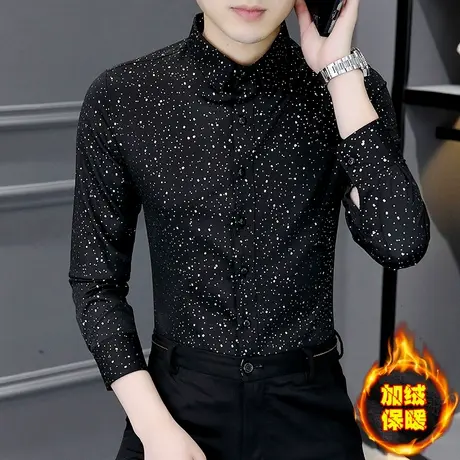 秋冬季黑白波点印花衬衫男士长袖痞帅气潮牌冬装加绒加厚保暖衬衣商品大图