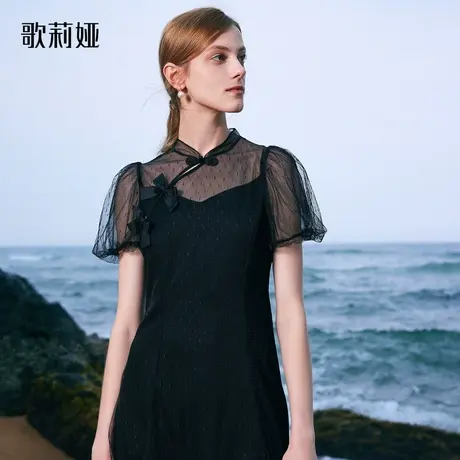 歌莉娅旗袍短袖连衣裙夏装女黑色新中式气质国风裙子1A5R4K9Z0图片