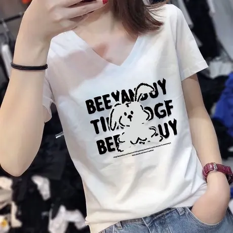 别致正肩短袖t恤女v领设计感小众显瘦ins大码纯棉港味chic上衣夏商品大图