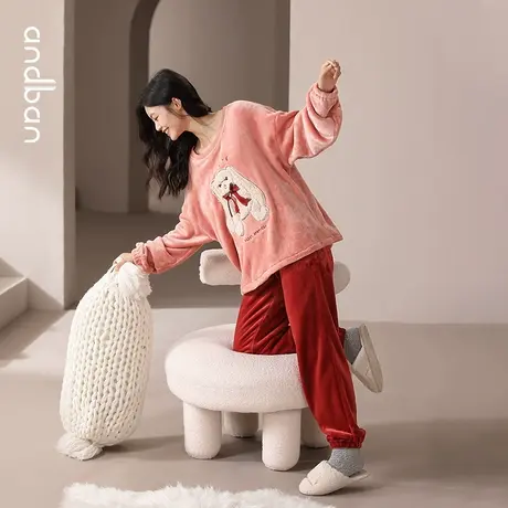 安之伴珊瑚绒睡衣女秋冬季长袖套装甜美可爱法兰绒加厚保暖家居服商品大图