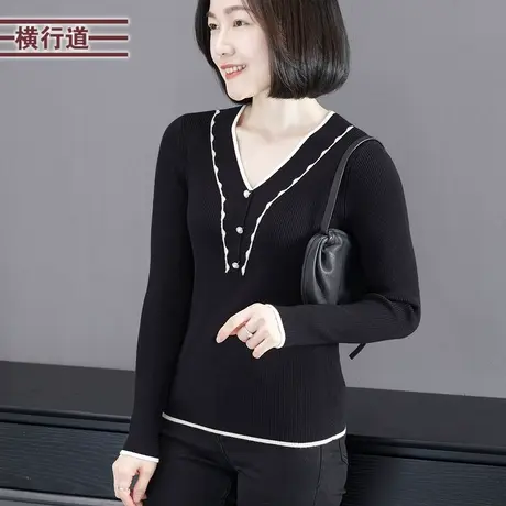 2023冬季新款简约通勤V领撞色修身长袖针织毛衣女装外穿保暖上衣商品大图