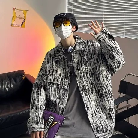 炸街雪花扎染牛仔外套男秋冬季美式复古做旧ins潮流宽松开衫外套图片