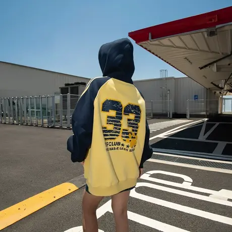 美式潮牌印花拼接连帽卫衣女春秋2025新款复古帽衫宽松插肩袖外套商品大图
