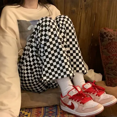 棋盘格阔腿裤女春秋夏季2023年新款高腰垂感小个子休闲格子直筒裤图片