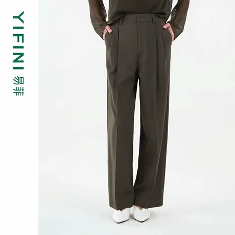 [专柜同款]Yifini/易菲可机洗三醋酸美丽诺绵羊毛休闲西裤阔腿裤商品大图