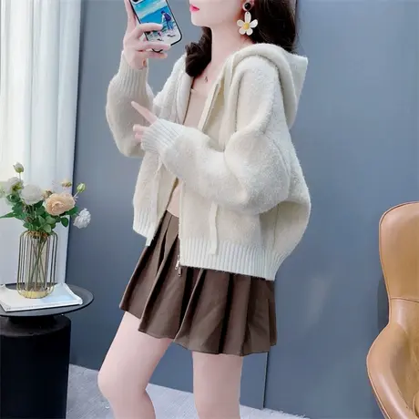 超好看短款连帽拉链毛衣外套女春秋季新款宽松小个子百搭开衫上衣图片