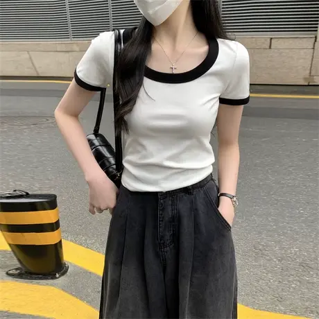 撞色圆领短袖T恤女夏季2025新款修身打底衫韩版内搭短款半袖上衣商品大图