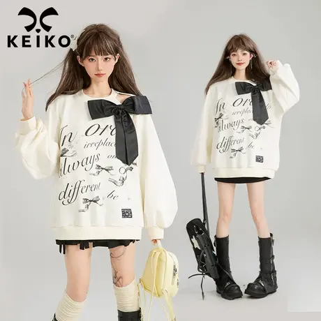 KEIKO 少女感蝴蝶结扎花卫衣女25秋季美式复古字母印花圆领上衣商品大图