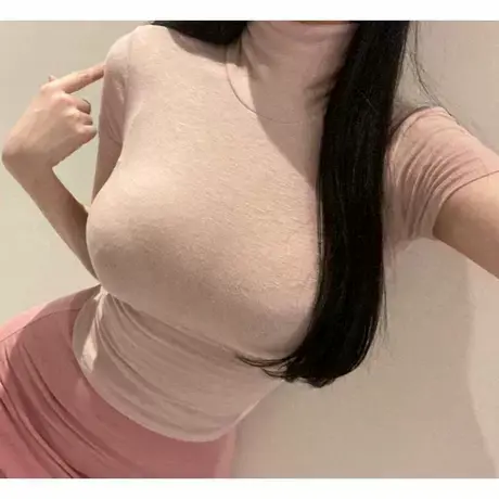 现货~Onoev秋高领短袖紧身体恤收腰显胸弹力体恤图片
