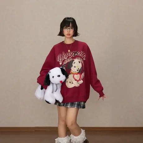 YEP复古酒红色套头卫衣女早秋新款美式印花宽松插肩袖无帽上衣潮图片