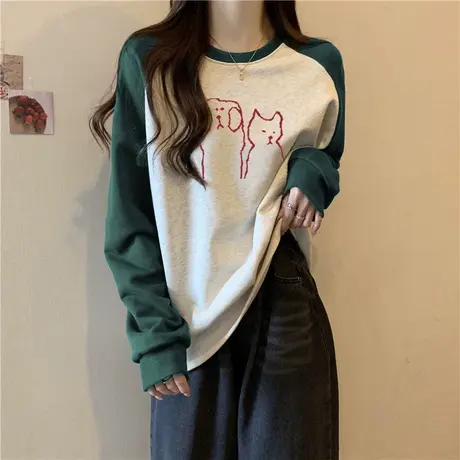 圆领无帽卫衣女春秋薄款宽松韩系慵懒风插肩长袖上衣潮牌早秋外套商品大图