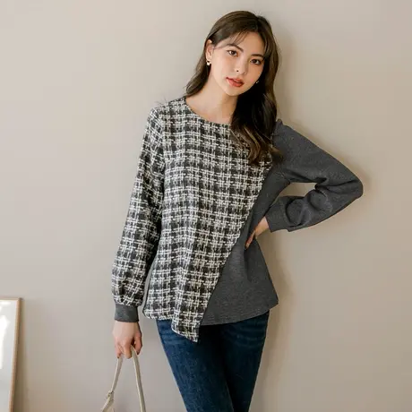 桔熊秋冬季温暖宽松长袖不对称下摆格子衫拼接卫衣女大码AB16650图片