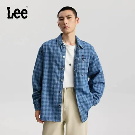 Lee商场同款25冬新舒适版101+刺绣激光印花格纹中深蓝男长袖衬衫图片