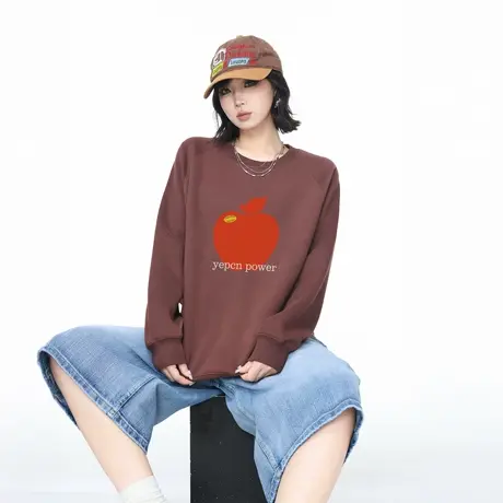 YEP美式复古苹果印花圆领卫衣外套女春秋新款潮牌情侣款宽松上衣商品大图