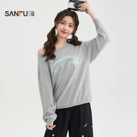 三福套头卫衣2025秋季休闲星星英文斜肩宽松上衣女装508758商品大图