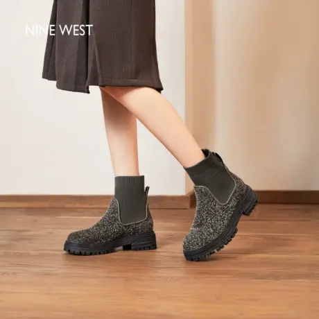 Nine West/玖熙厚底弹力靴女2025秋冬加绒袜靴百搭雪花绒休闲短靴商品大图