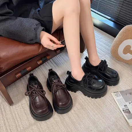 粗跟系带乐福鞋女2025秋季新款爆款百搭小皮鞋英伦风气质高级单鞋商品大图