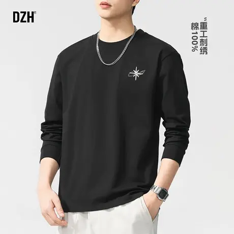 男生重工刺绣长袖t恤男圆领美式秋季2025新款休闲套头打底衫上衣商品大图