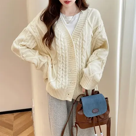 唐狮秋冬季女毛衣复古慵懒风立体球球装饰开衫外套日常毛线衫tu图片