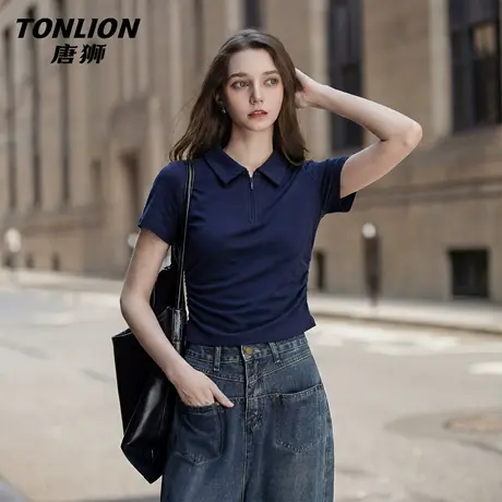 唐狮官方翻领短袖t恤女2026新款夏polo衫半袖显瘦短款修身上衣VC图片