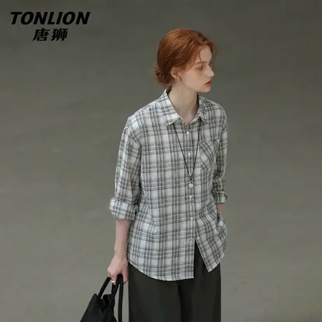 唐狮官方蓝色格子衬衫女2026新款春秋款女士宽松外搭上衣外套女VB商品大图