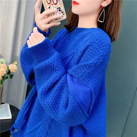 克莱因蓝破洞圆领毛衣女秋冬季2021新款宽松慵懒风设计感打底上衣商品大图