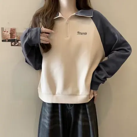 vintage半拉链POLO领卫衣女春秋宽松薄款撞色插肩长袖上衣服潮ins商品大图