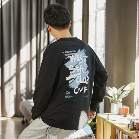唐狮春秋纯棉长袖t恤男士后背印花休闲T恤ins风设计感打底衫潮酷商品大图