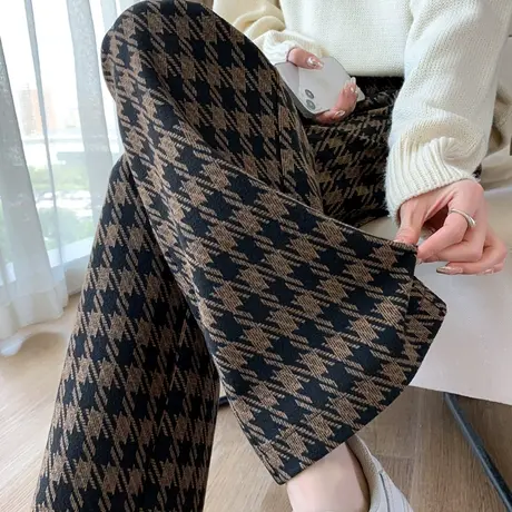 加厚毛呢阔腿裤女秋冬季高腰垂感千鸟格子裤子宽松休闲裤直筒女裤商品大图